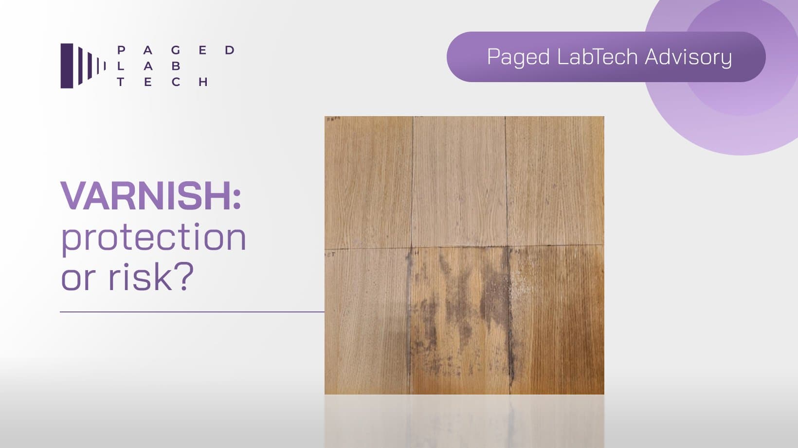 Grafika Paged LabTech Advisory „VARNISH: protection or risk?” z próbką lakierowanej okleiny dębowej, na której widać ciemne przebarwienia
